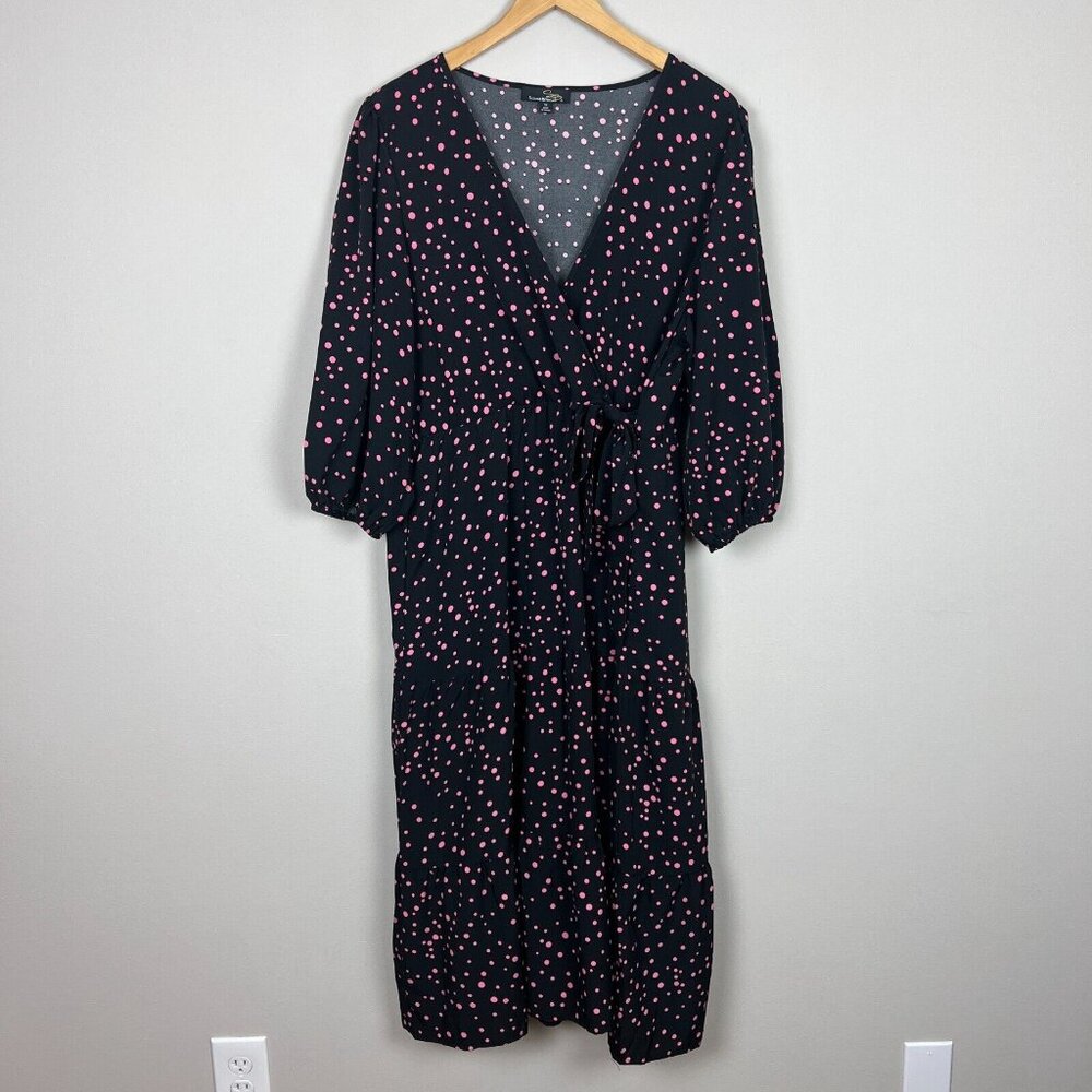 Suzanne Betro Midi Dress 1X Black Pink Polka Dot 3/4 Balloon Sleeve Pockets Plus